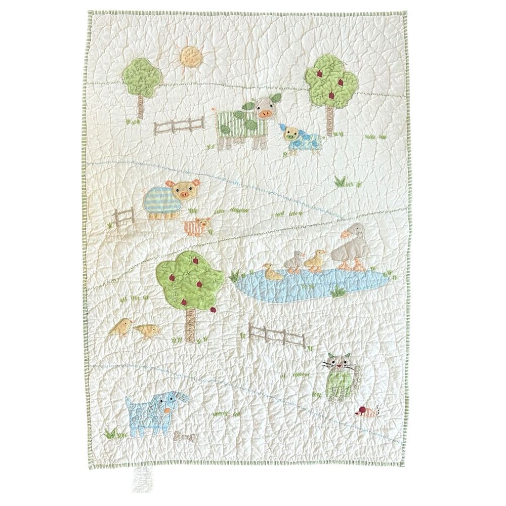 Pottery Barn Kids Farm Animals Baby Quilt Crib Blanket Embroidered Green Stripe
